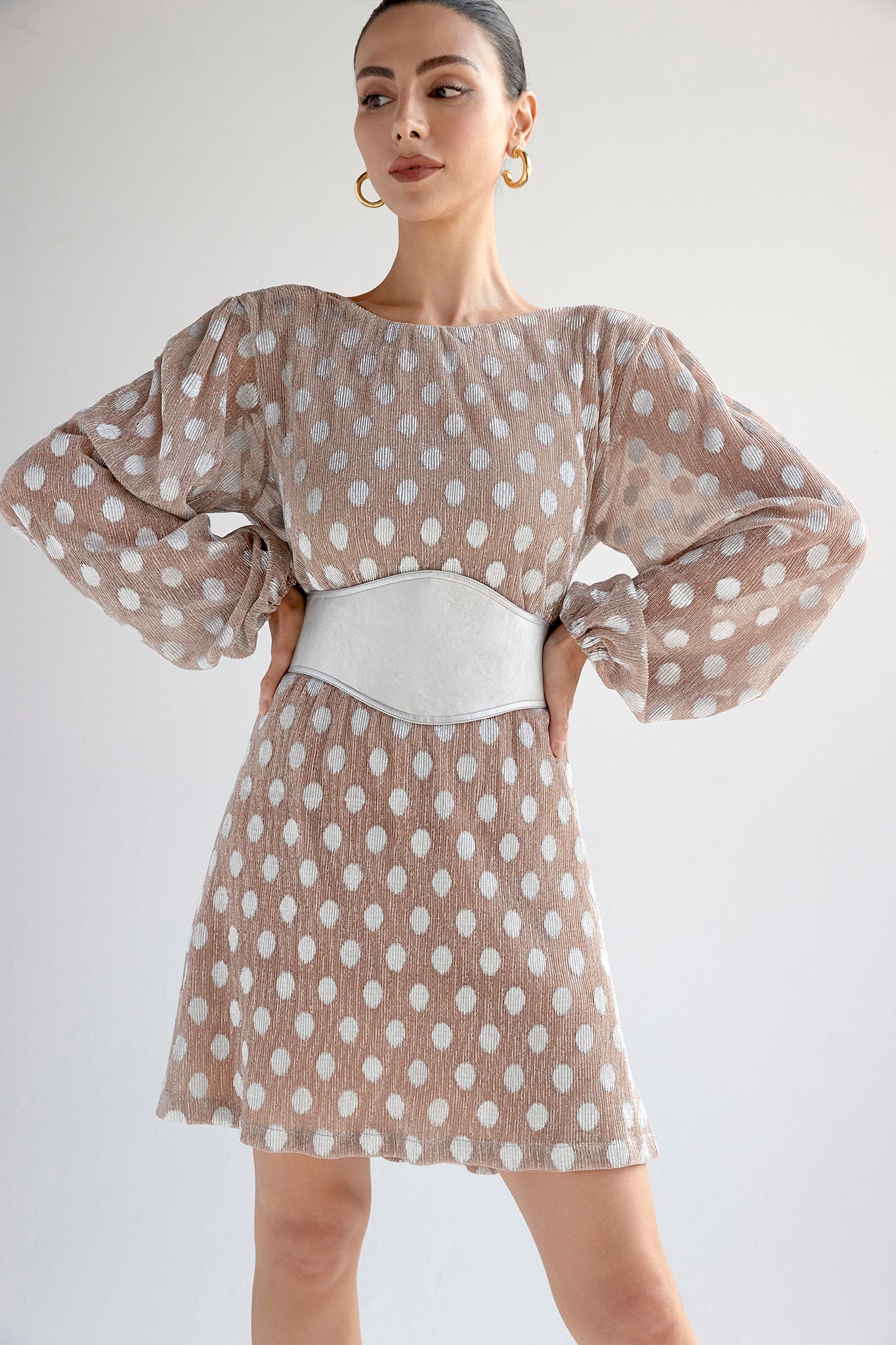 Metallic polka-dot mini dress with belt in nude