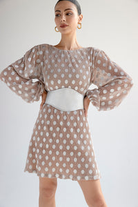 Metallic polka-dot mini dress with belt in nude