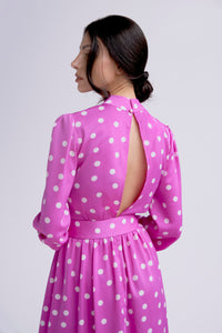 Silk midi belted polka-dot dress with high neck in fuschia