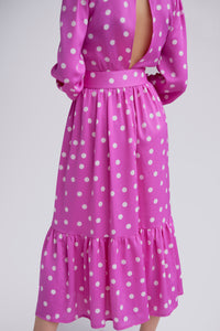 Silk midi belted polka-dot dress with high neck in fuschia
