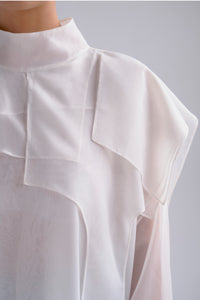 Silk layered blouse with high neck in white