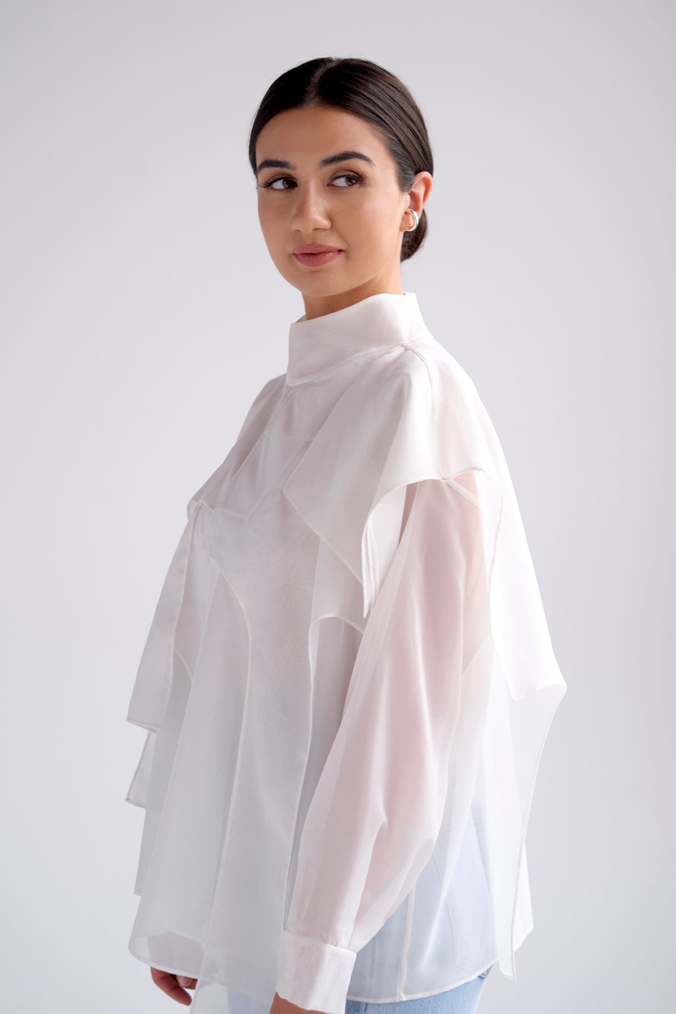 Silk layered blouse with high neck in white