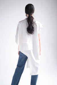 Asymmetrical layered tunic with high neck in white