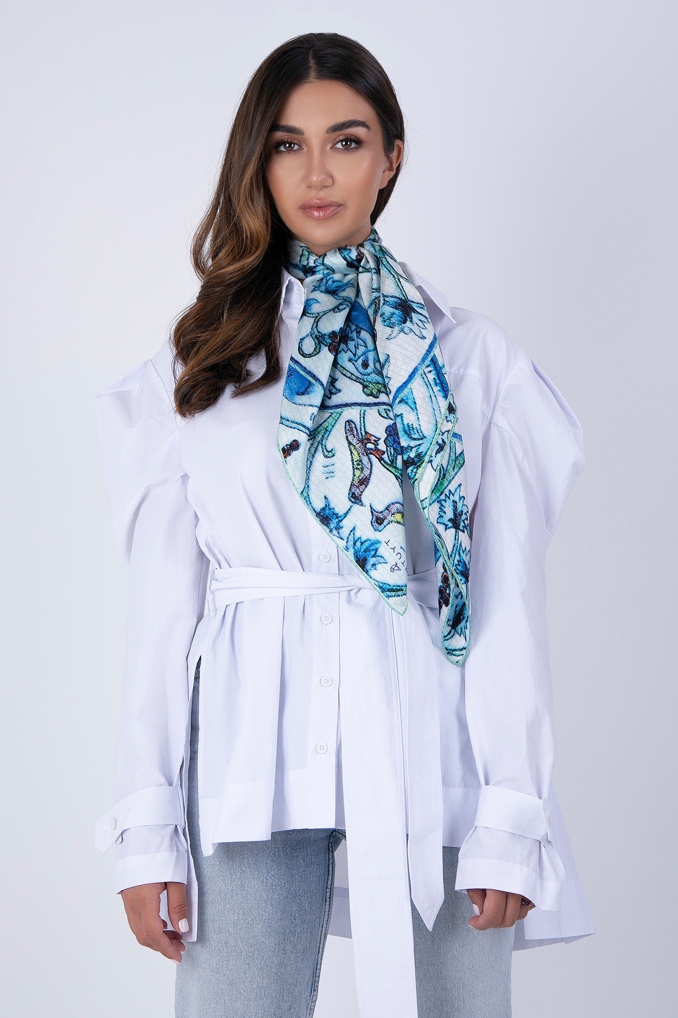 Silk scarf in Tray blue and white print