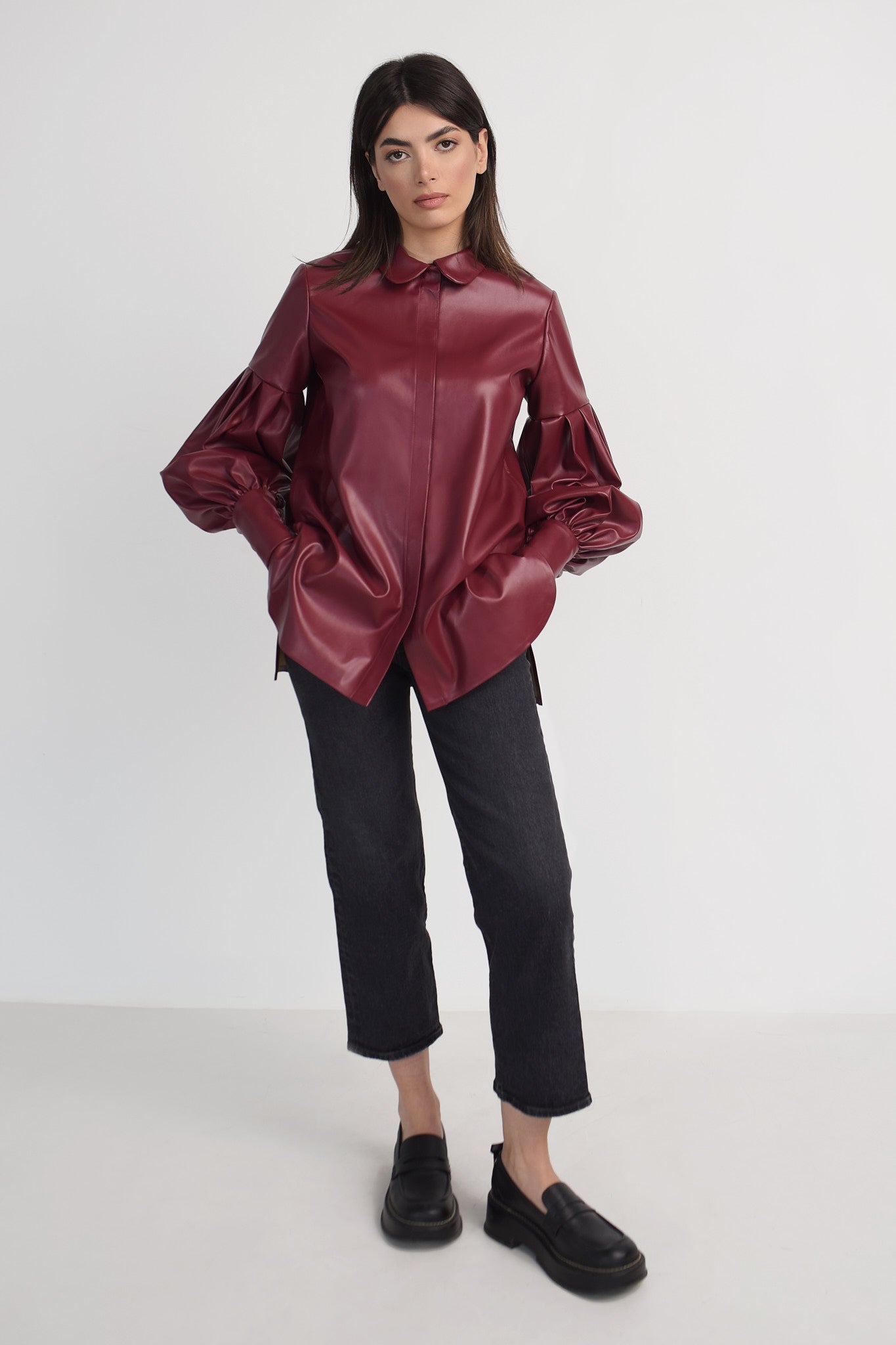 Vegan leather shirt with pleated balloon sleeves in maroon
