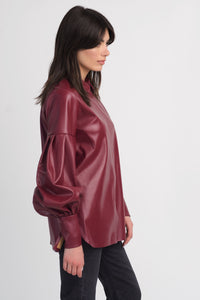 Vegan leather shirt with pleated balloon sleeves in maroon