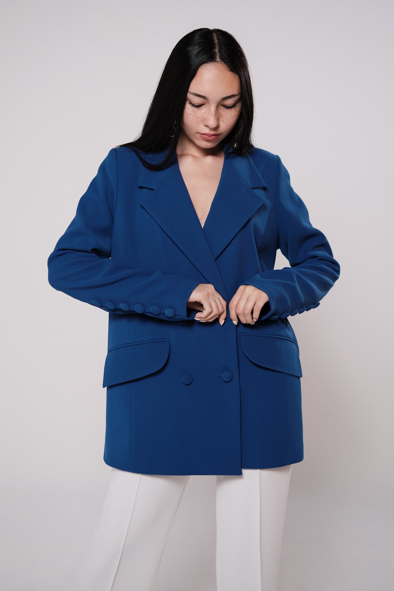 Double-breasted boyfriend crepe blazer in blue