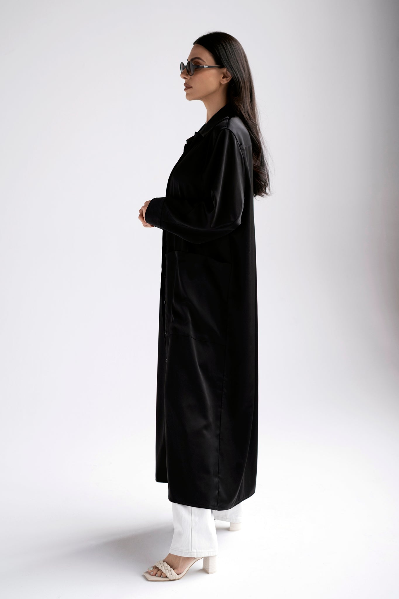 Oversized silk long shirt with pocket in black