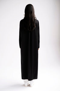 Oversized silk long shirt with pocket in black