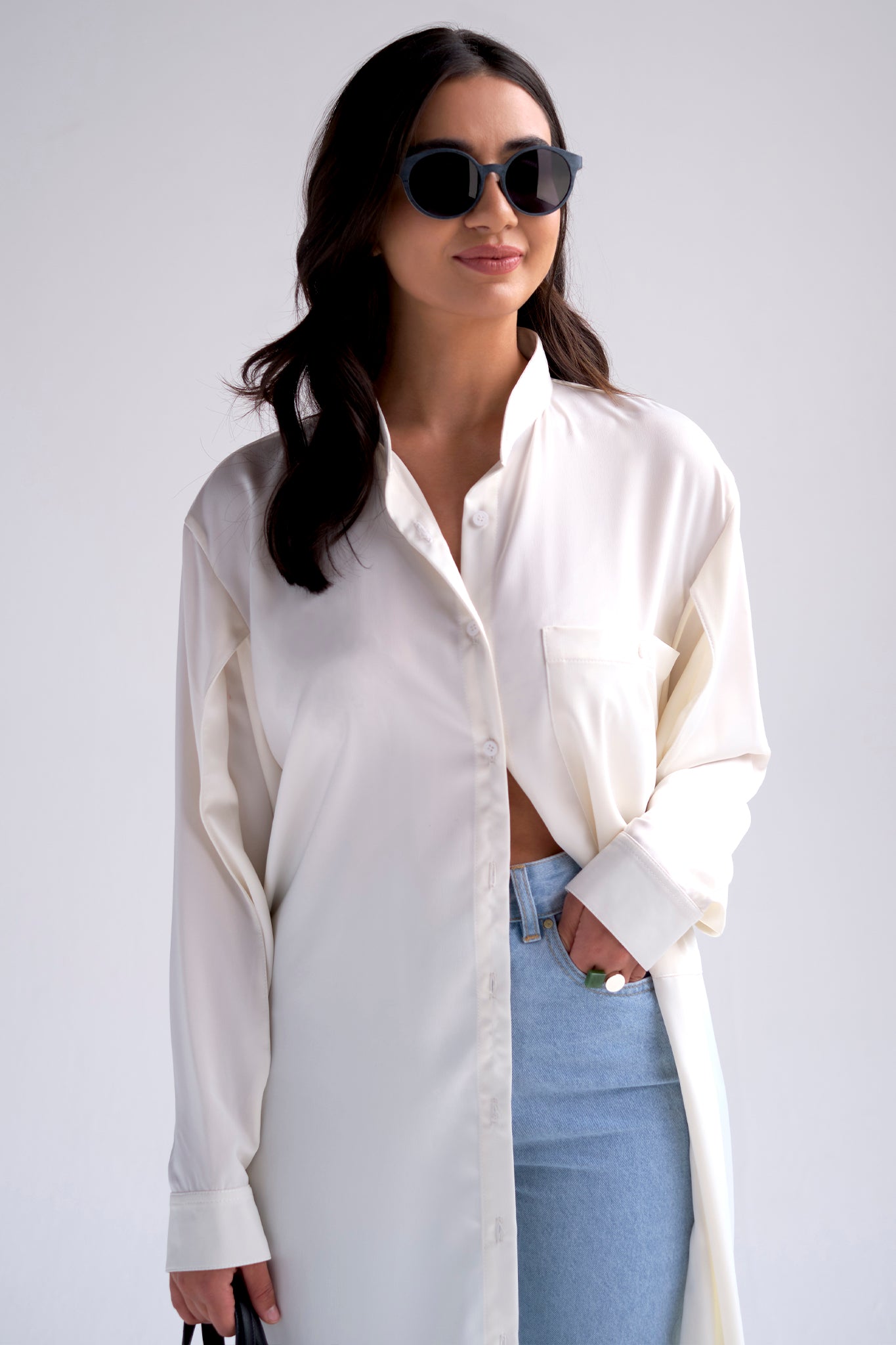 Oversized silk long collarless shirt with high pocket in white