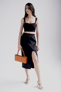 Silk skirt with front slit in black