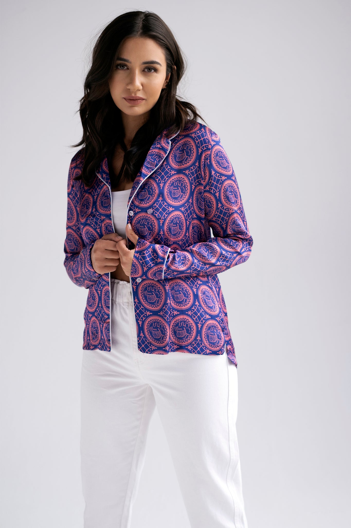 Satin double breasted long sleeve blouse in purple heritage print