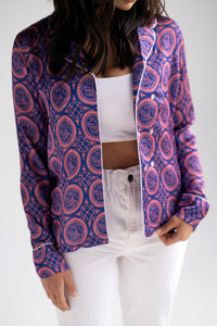 Satin double breasted long sleeve blouse in purple heritage print