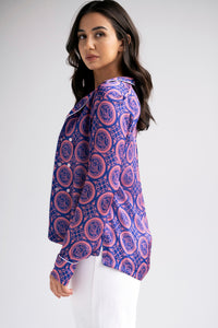 Satin double breasted long sleeve blouse in purple heritage print