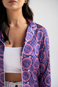 Satin double breasted long sleeve blouse in purple heritage print