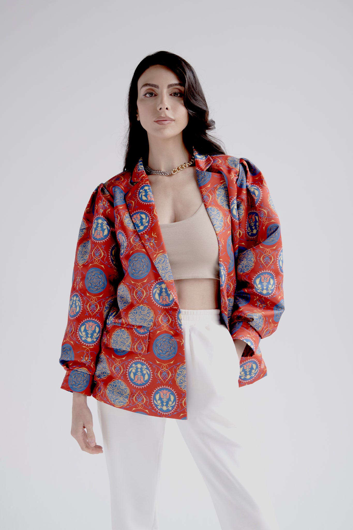 Puff sleeve blazer in red heritage print