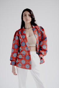 Puff sleeve blazer in red heritage print