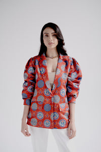 Puff sleeve blazer in red heritage print