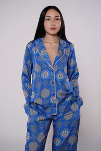Satin wide leg pants in royal blue heritage print
