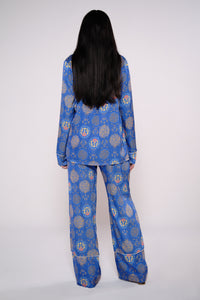 Satin wide leg pants in royal blue heritage print