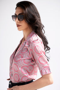 Satin short sleeve button down blouse in pink heritage print