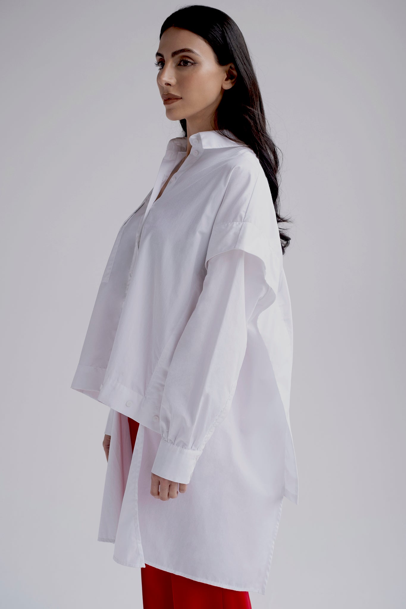 Convertible button down shirt with side panels in white